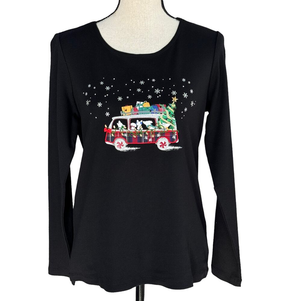 Karen Scott Medium Top Holiday Van w/ Dogs Festive Christmas Long Sleeve Stretch